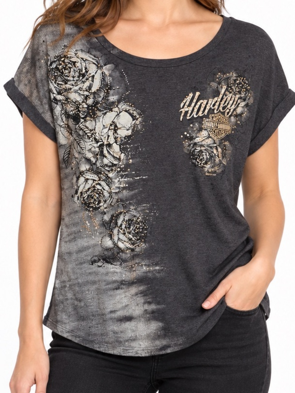 Harley-Davidson 2017 Rose Rhinestone Graphic Dolman Tee Women’s Small